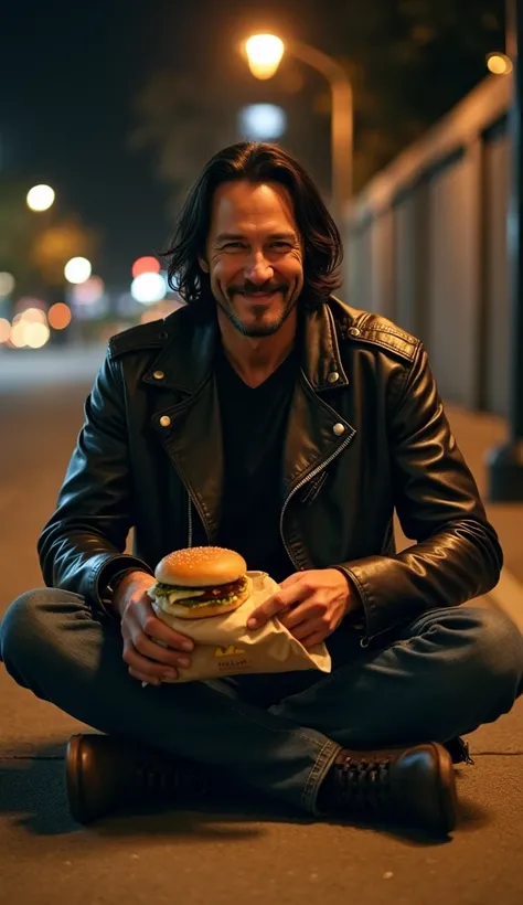 3.  Keanu Reeves Dining with Homeless 
" An emotional, cinematic scene of Keanu Reeves sitting cross-legged on a sidewalk ,  surrounded by homeless .  Hes smiling warmly ,  sharing a simple meal of hamburgers and potatoes Titas from a McDonalds bag. The gr...