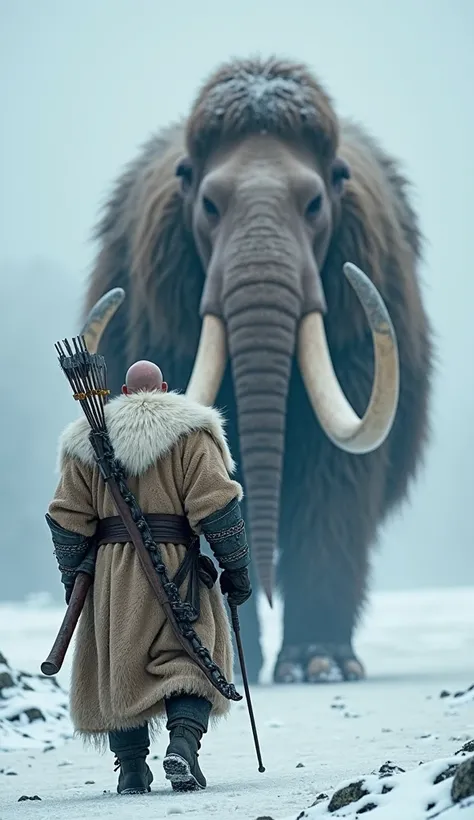 A colossal Viking with tanned skin and scarred arms wears armor made of whalebone and rough iron. In front of the camera, he leads a giant woolly mammoth on a leash, whose tusks are wrapped in reinforced iron chains. With an enormous longbow and ice-tipped...