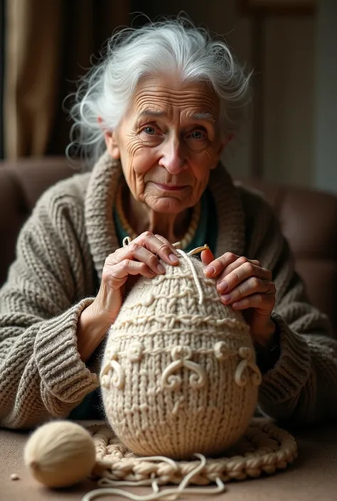 Make the hen an old lady by knitting and drawing an egg