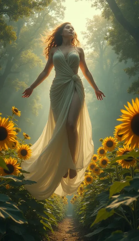 Beautiful voluptuous goddess of Olympus levitating in a majestic sunflower garden in a very real dreary and psychedelic natural landscape