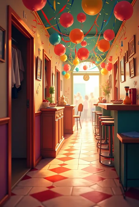 A hallway in a pizzeria with party decorations with a closet on the left side