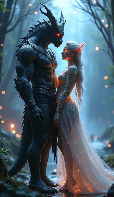 "Create a stunning, cinematic fantasy scene featuring a mythical creature couple standing together in a mysterious, enchanted environment. The male creature is tall, muscular, and powerful, resembling a humanoid beast with dragon-like features: sharp, dark...