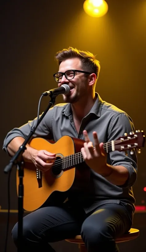 A man sitting on a stool during a live music performance, holding a microphone near his mouth while singing. He is wearing glasses and a casual gray shirt with rolled-up sleeves. His right hand is raised, clearly showing three fingers integration, while hi...