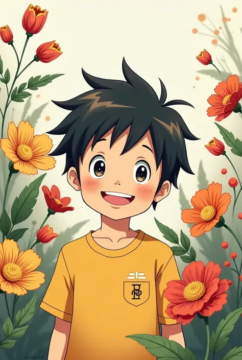 Boy with a smile 　logo　Background is flowers　Ghibli style illustrations