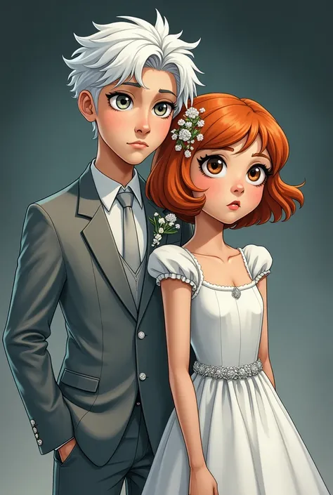 guy 18 years old, wedding gray suit from the magical world, gray eyes, white hair, sad face, next to a girl 18 years old, white wedding dress from the magical world, short orange hair, brown eyes, sad face, ethnic art, sad atmosphere, good image quality,dc...