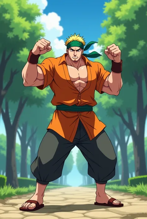 Adult Man, with round face, with short thin yellow haircut, muscular, in Anime, wearing a green bandana-like-beanie on his head, wearing his orange short kurta, long dark gray pants, brown sandals, at the park, stomping his feet at me