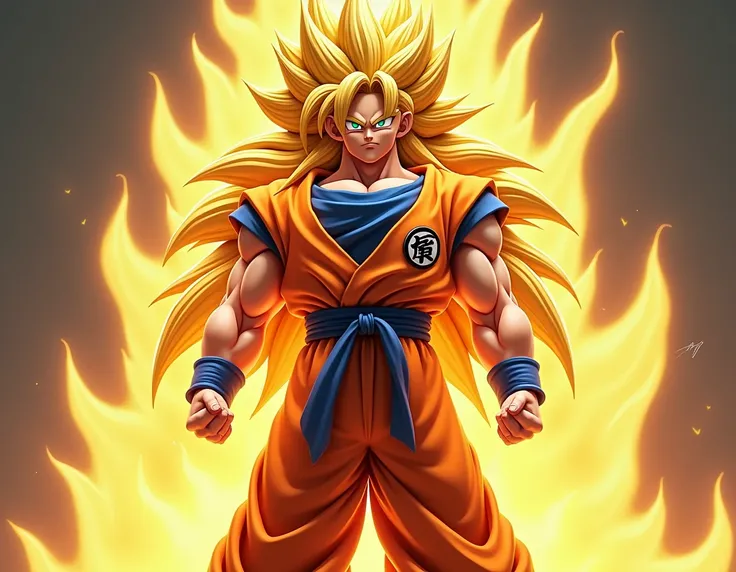 

### 1. **Appearance and Form**
Goku here is shown with distinctive traits of his **Super Saiyan 3** transformation:
- **Hair**: The most striking feature is Goku’s long, golden hair flowing behind him. In this form, the hair grows dramatically, reaching ...