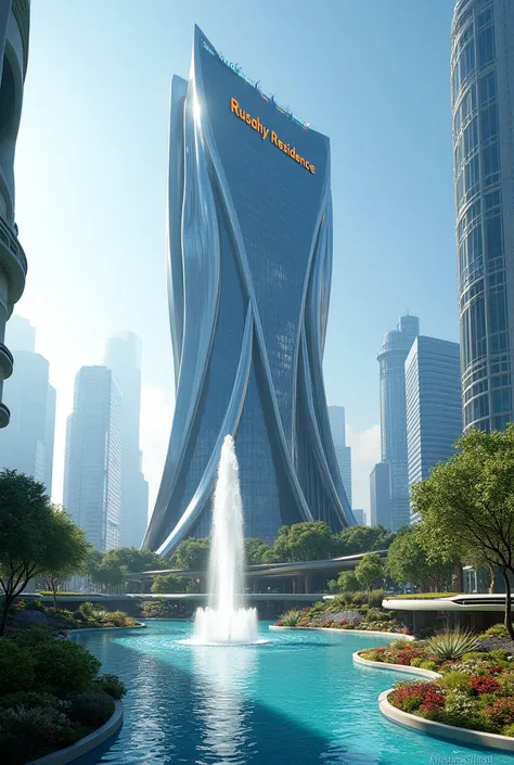 Generate a futuristic big  Luxury TOWER HOTEL, Modern variation building, with the logo RUSDHY Recydence, the fountain gushes beautifully, Daytime