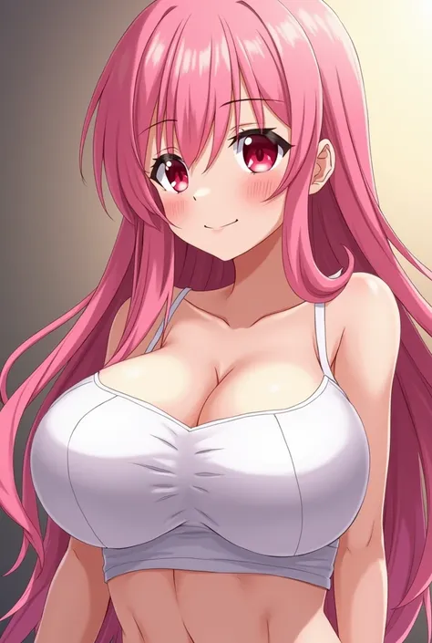 anime,  too huge breasts , lesbian,  has a very strong orgasm,  pink hair ,  red eyes,  white cropped top , full chest,  chest larger than head ,most of the whole body ,  breasts have increased 100 times due to orgasm , очень сильный оргазм когда видят дру...