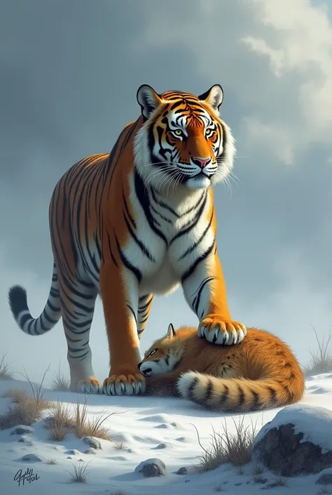 In a cold, barren landscape under a cloudy, gray sky, a striking scene unfolds. A magnificent tiger, with its sleek, powerful body and distinctive stripes, stands triumphantly with one paw resting on a motionless fox. The fox lies peacefully on the ground,...