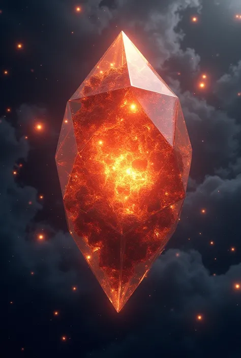 A giant organic sentient complex gem with fire inside, floating out in the vastness of outer space with stars around.