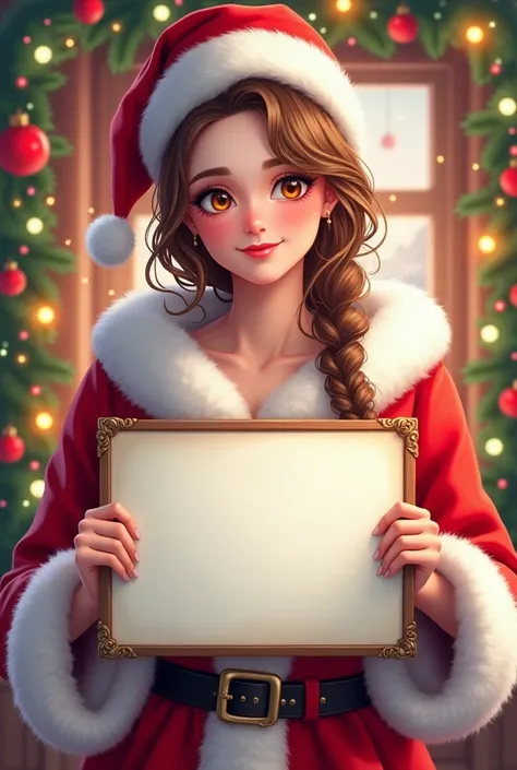 Santa Claus woman holding a blank sign on a Christmas deco background