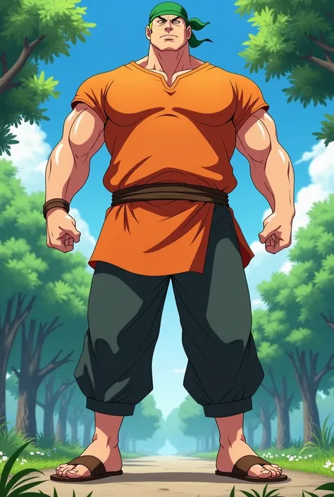 Adult Man, with round face, with short thin yellow haircut, muscular, in Anime, wearing a green bandana-like-beanie on his head, wearing his orange short kurta, long dark gray pants, brown sandals, at the park, stomping me with his feet