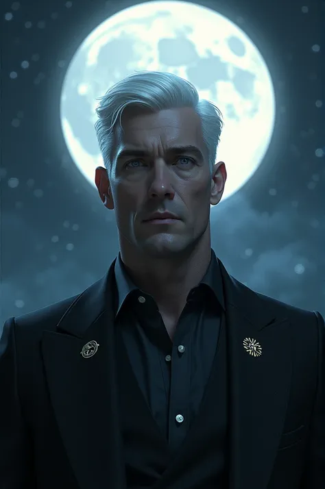 A man with white hair, a black suit, gray eyes...the God of the Moon. 