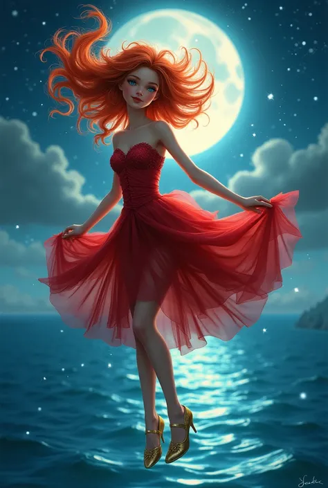 Best quality image of a girl with long shiny red hair flying in the air, shiny blue eyes, red dress and shiny gold shoes standing over a shiny blue sea with night light and shining stars