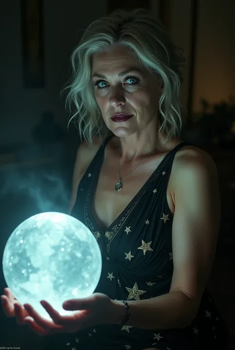  A middle-aged woman with an intense look and striking makeup , wearing a black dress embroidered with stars ,  positioned next to a crystal ball that emits a silver glow amidst the darkness.