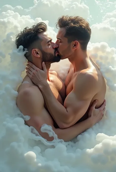 Make two men kissing in white sticky liquid 