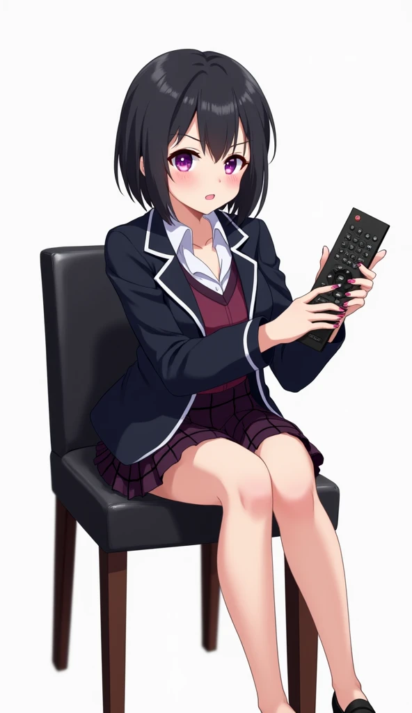 An anime-style illustration of a woman with short black hair and purple eyes and teenage pink nails sitting on a black leather dining chair and backrest with wooden legs. She wears a school uniform that includes a dark jacket and a kilt ., while holding a ...