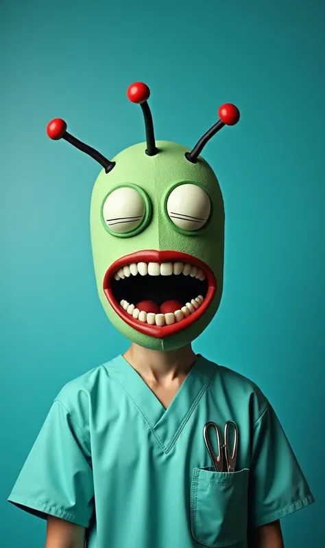 A surreal and comedic character wearing a mask resembling Plankton from SpongeBob. The mask is green, with a large open mouth showing cartoonish teeth and two exaggerated eyes half-closed, giving a sleepy or smug expression. Several black stick-like antenn...