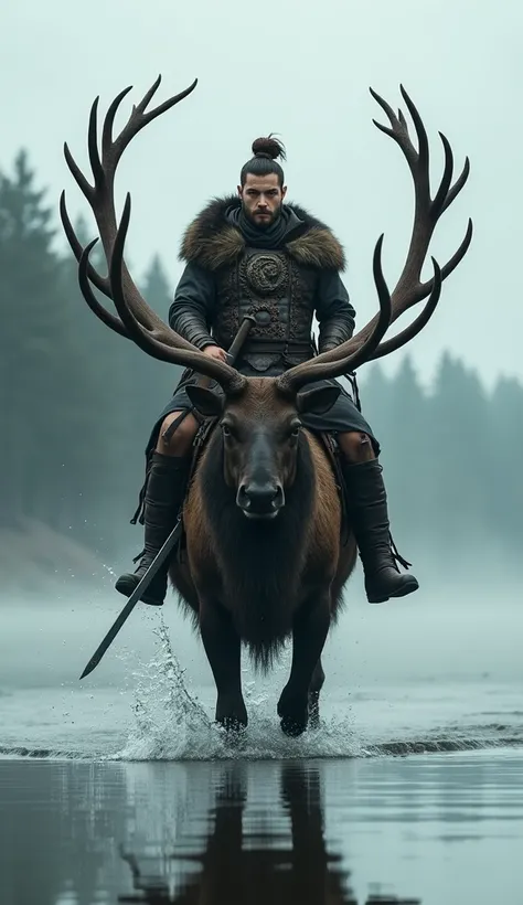 A Viking with intense green eyes and brown hair tied in a high bun, wears a leather costume reinforced with bronze plates, adorned with raven feathers. He rides a gigantic black elk with imposing antlers, each tip decorated with ribbons and carved wooden t...