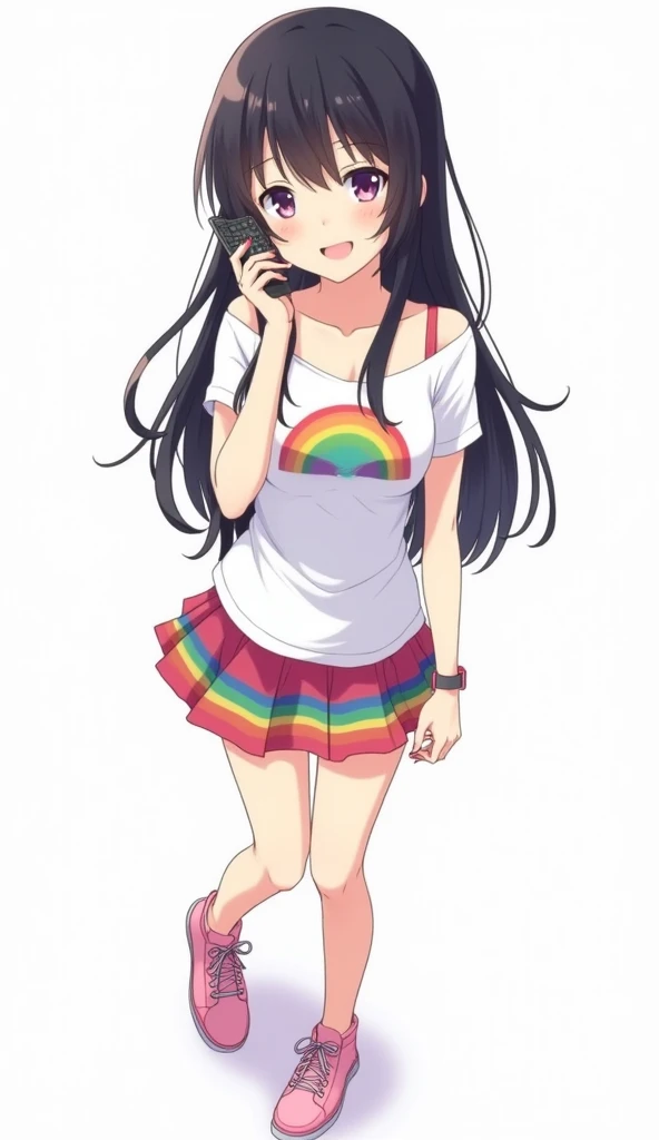 Japanese teenage anime woman with long black hair and purple eyes and with pink nails and wearing a white t-shirt, short sleeves with a rainbow logo on the middle of her chest and leaving her shoulder uncovered, full low down the bare shoulder and wearing ...