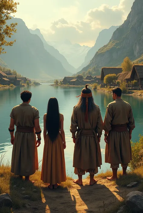 Four people, two men, a woman with long black hair and an old man with a headdress, are on the edge of a lake in a Neolithic village in the European Alps. 
Late afternoon. They have your back. 
Realistic image.