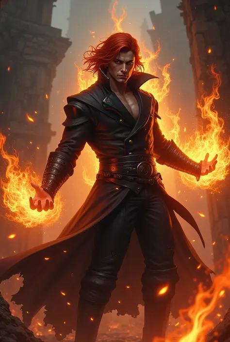 Personnage masculin utilisant de la magie de feu , cheveux rouge et middle part 