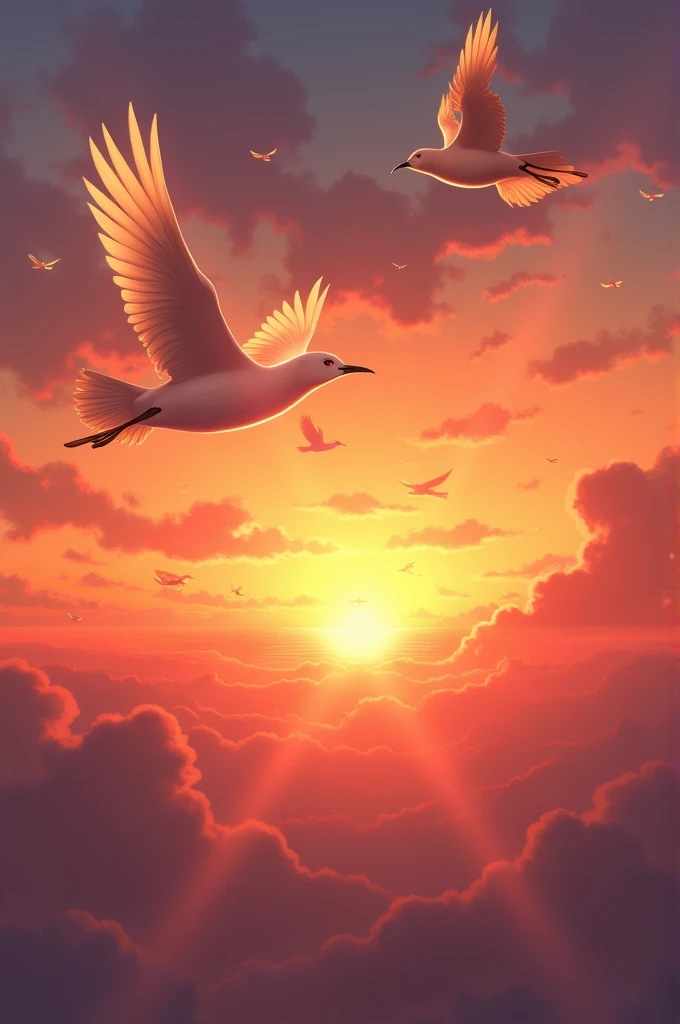 Sunset seen around flying birds