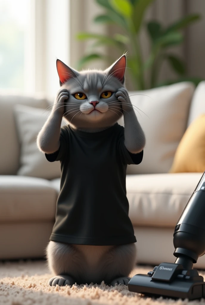 Make a gray cat wearing a black t-shirt in a living room with a white sofa in the background and a vacuum cleaner thrown on the floor and the cat has its hands on its head