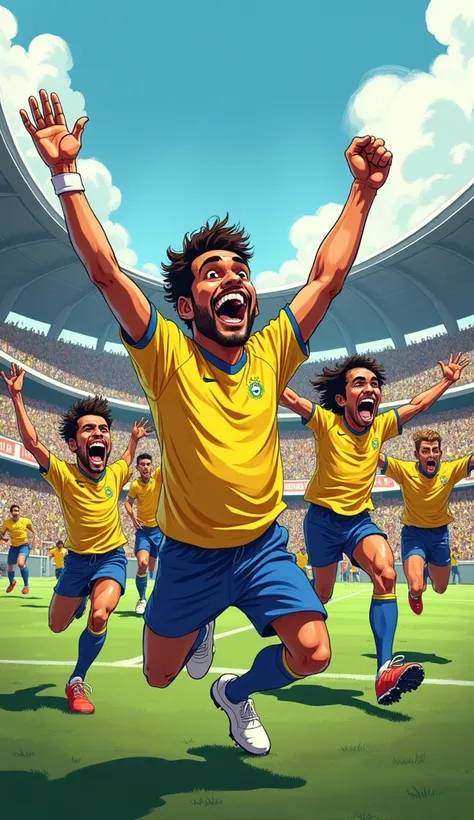  Comic caricature-style illustration of  "Draw Romário celebrating his goal ,  with open arms and a smile on his face .  Include teammates running to hug him and the ecstatic crowd."