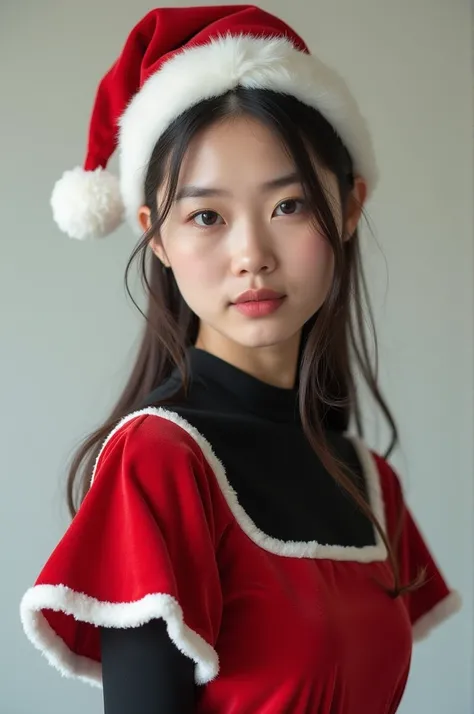 Asiatic girl, with a santa hat and a santa dress with a black dress