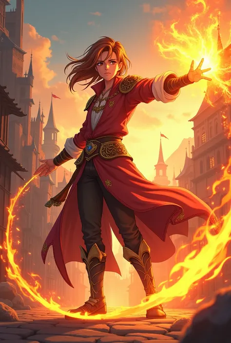 18-year-old character in anime style who uses fire magic in medieval style 