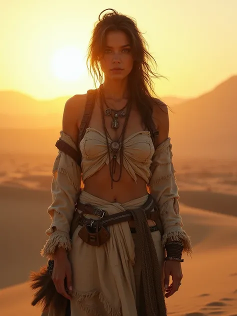 Transitioning to a desert landscape at sunset, a lone figure, a beautiful woman emerges wearing nomadic, post-apocalyptic clothing. Layers of tattered fabric, unconventional accessories, and a weathered look create an aura of survival and resilience.