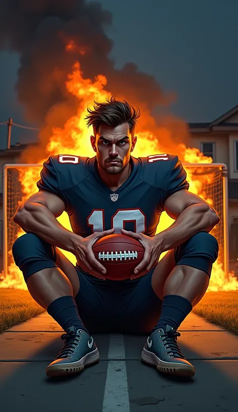 Caricature of a football player wearing the number 10 jersey, sitting on the sidewalk in front of a burning house. He has a determined and slightly angry expression, holding a football tightly. The flames are still visible behind him, lighting up the night...