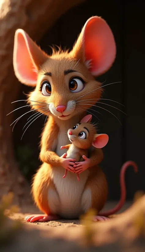 An adult mouse looking affectionately at a baby mouse. The father mouse has a determined expression as he looks into the distance,  in vibrant 3D animation style