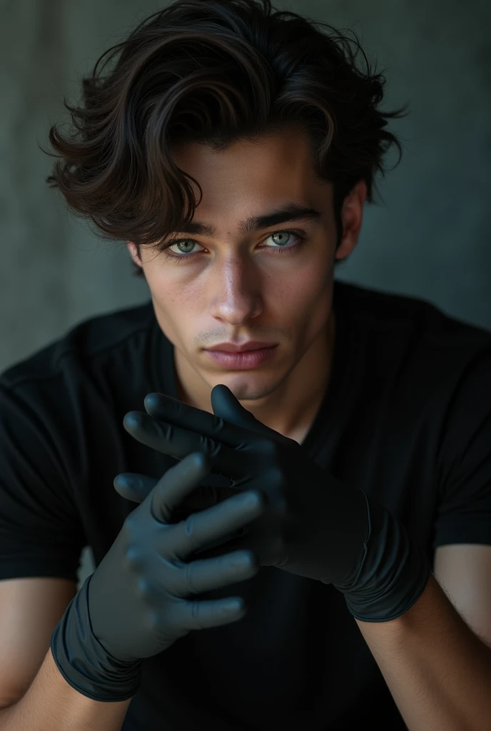 hot teenage guy, brunette, skinny, wearing black latex gloves, examination doctor gloves, sensual, seducing and dominant look