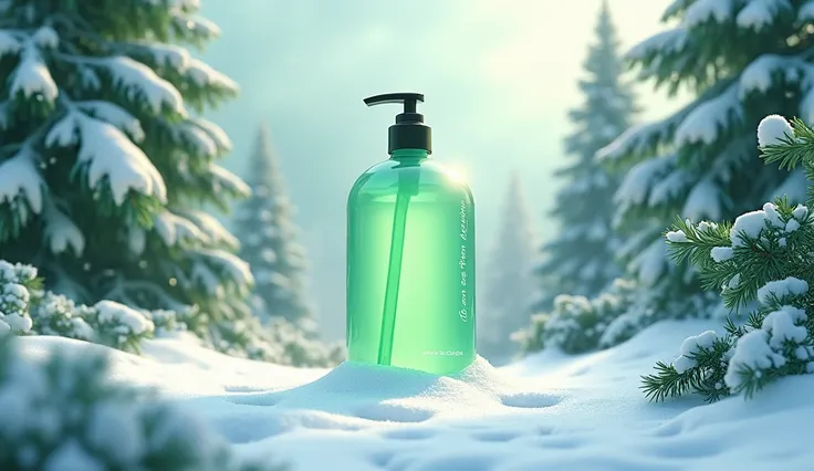 Enchanting atmosphere.  A large pastel green bottle of shower gel marked " happy new year , 900 Care" Is in a snowy landscape in the middle of the fir trees 