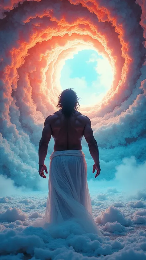 a colorful swirling vortex of vibrant hues, dynamic motion, frozen tundra landscape, intense heat, 1man, huge stocky muscular man, transparent white dhoti, ultra detailed, hyper realistic, cinematic lighting, volumetric fog, dramatic chiaroscuro, vibrant c...