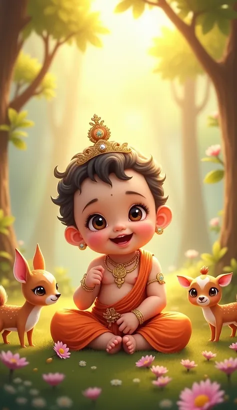 "A highly detailed and adorable digital illustration of a cute baby version of a divine God, sitting happily in a magical forest. The baby has chubby cheeks, sparkling eyes, and an innocent, joyful expression. The baby wears traditional attire with soft fa...