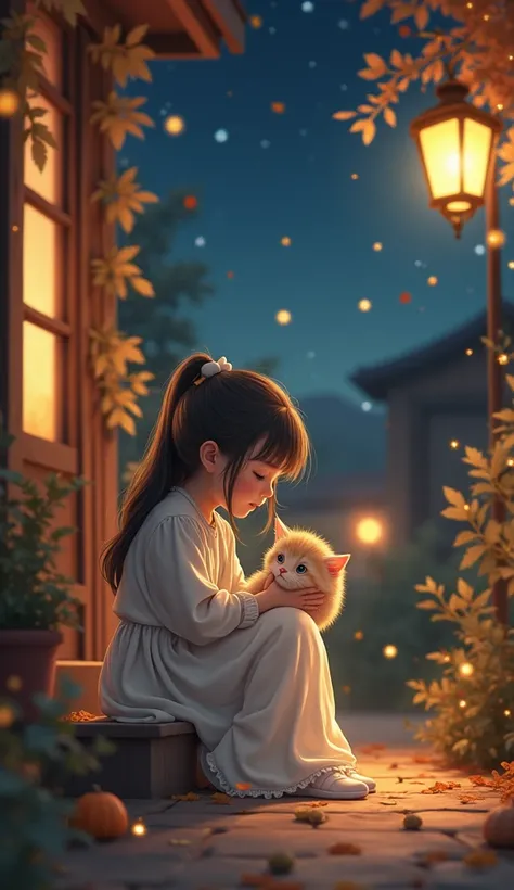 Girl and kitten  sitting on doorstep with lamp, autumn  village night, wide sky,   sparkling light bokeh 