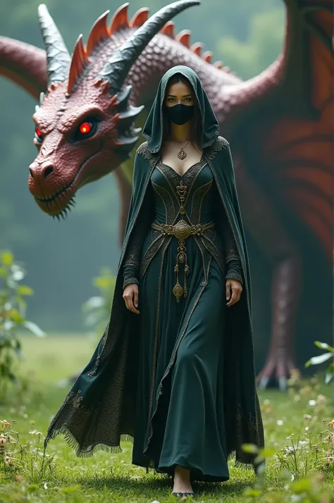  Make a beautiful woman in medieval clothing ,  wearing a hooded cape and a mask over her mouth , shes walking on a beautiful lawn ,  with her incredible red-eyed Dragon behind like a huge bodyguard 