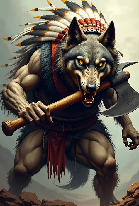 Illustration of a wolf with an aggressive face with an axe in his mouth and a native Indian feather hat 