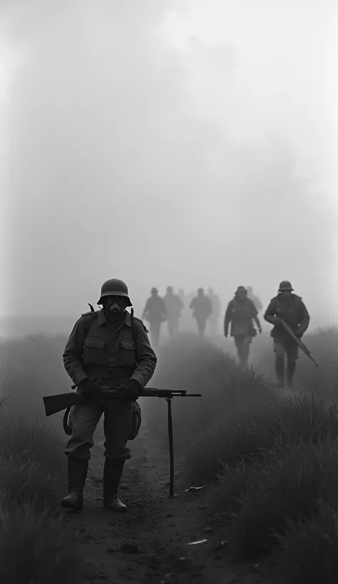 The gas cloud slowly dissipates ,  leaving a quiet and empty field . In the background,  the German troops  (wearing a gas mask )  begin to advance with confidence,  believing that victory is assured .