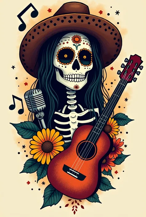 Make me a tattoo inspired by music and the Day of the Dead 