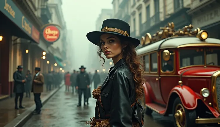 Pretty woman in a Stempunk style hat;  style station in Rio de Janeiro in 1925 in the form of steampunk; Rio de Janeiro steampunk from 1925 wet and foggy , The buildings and cars are in the stempunk style ;  (best quality, 8k, high resolution, masterpiece:...