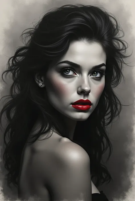 A moody and atmospheric charcoal drawing of a beautiful young woman with a uncanny expression, showing a resemblance to Brigitte Bardot, Shades of black and gray, attractive smoky eyes with red lips and blue eyes, misty gray background, uncanny