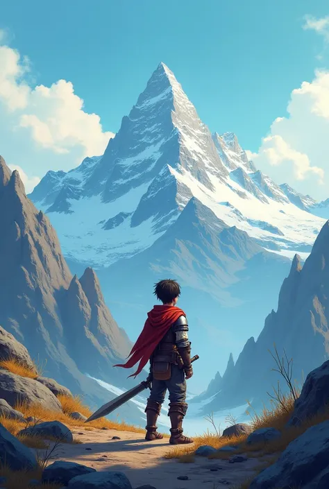 a boy just finished from a battle looking up at the mountains