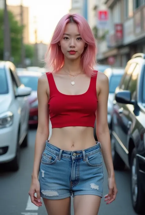 Lifewithmak RAW photo, pink hair, slanted eyes, fit body, brown eyes,, red crop top and blue denim shorts, Japanese woman walking on the street between cars (high detail volume: 1.2), 24k uhd, dslr, soft light, high quality, film grain Fujifilm XT3,