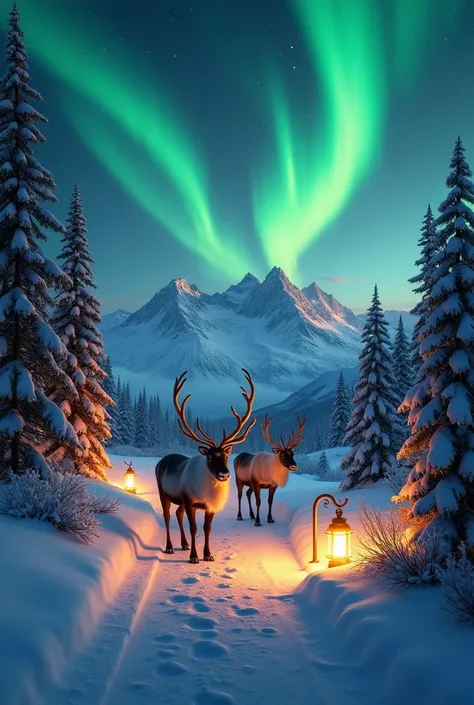 A hyper-realistic winter night scene featuring the Northern Lights (Aurora Borealis) glowing vividly in striking shades of vibrant green and orange across a crystal-clear, star-filled sky. The environment showcases a breathtaking snowy mountainous landscap...