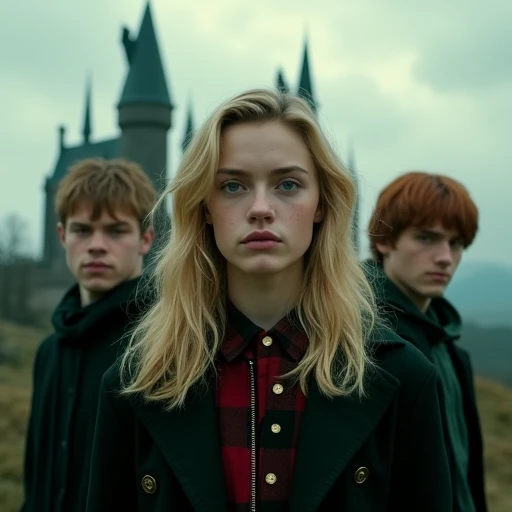  medium-length blonde hair with green eyes with black jacket in the middle, on your left side Harry Potter and Draco and on your right side Damon and Stefan Salvatore and a Hogwarts castle behind them with clouds and predominant color green and red Model H...